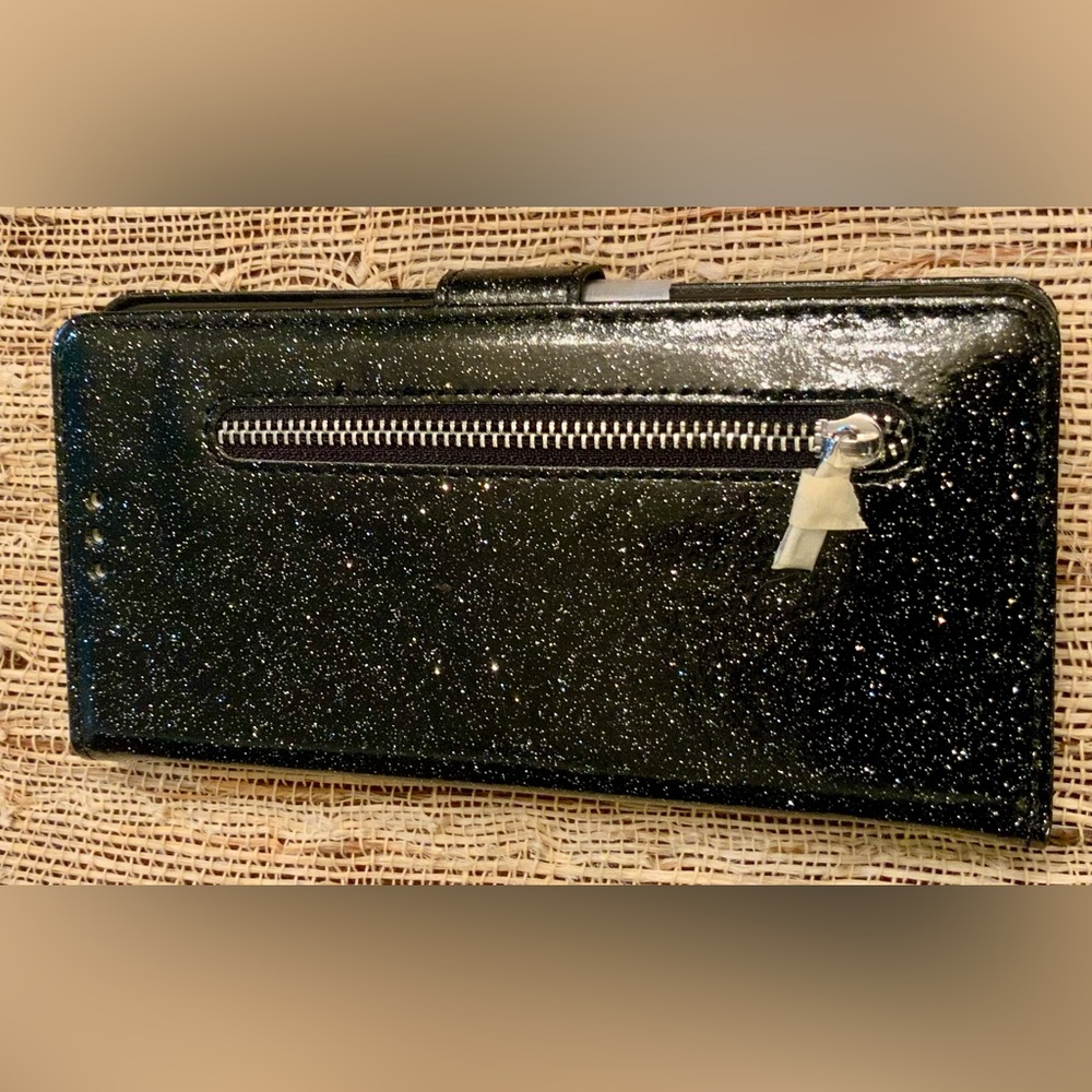 Black Glitter phone case for iPhone 13 Pro with card holder with zipper